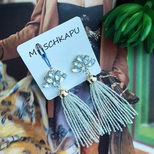 Flower Crystal Bead Linked Tassel Drop Earrings A4